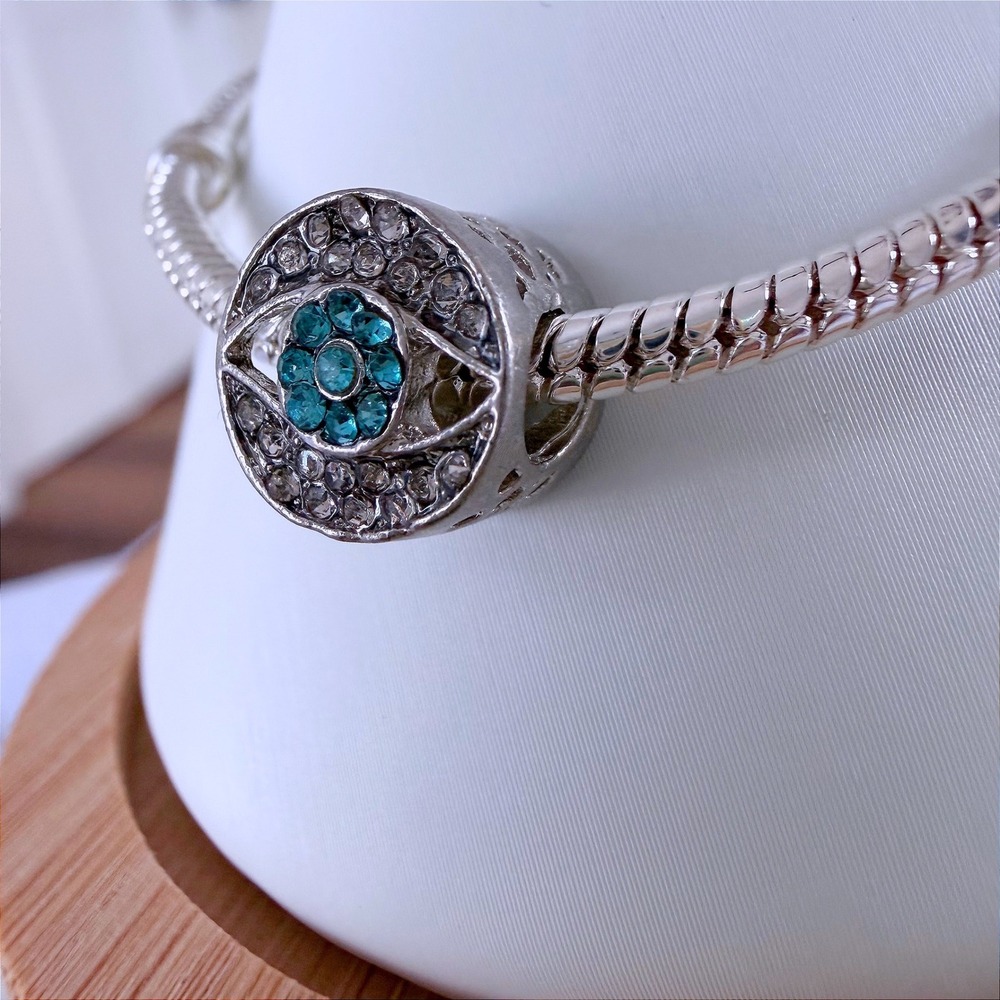 Silver Evil Eye Bead Charm Fits Snake Chain Bracelet Crystal Turquoise Blue - Picture 7 of 7
